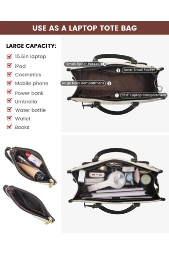 Geantă Tote Alb Matlasată pentru Femei cu Compartiment Laptop 15.6”, Compartiment Termo pentru Prânz și Portofel, Business/Office/College/Casual (43x16x32cm)