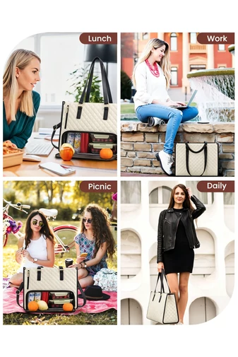 Geantă Tote Alb Matlasată pentru Femei cu Compartiment Laptop 15.6”, Compartiment Termo pentru Prânz și Portofel, Business/Office/College/Casual (43x16x32cm)