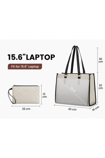 Geantă Tote Alb Matlasată pentru Femei cu Compartiment Laptop 15.6”, Compartiment Termo pentru Prânz și Portofel, Business/Office/College/Casual (43x16x32cm)
