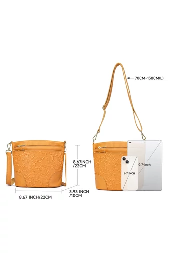 Geantă De Umăr Crossbogy Bej Din Piele Naturală Cu Design Floral Embosat (22*22*10cm)