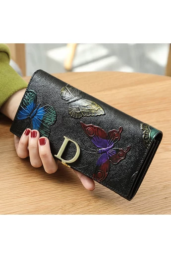Portofel cu Model Fluturi Colorați Din Piele Naturală Dimensiuni (10*19,5*3 cm) 