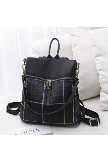 Bonluo Rucsac/Geantă De Umăr Mini De Damă Negru Cu Carouri Verzi Din Material Impermeabil  