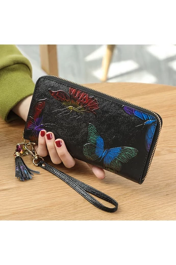 Bonluo Portofel Damă Negru Cu Fluturi Colorați Din Piele Naturală Dimensiune (20x10,5x2cm)