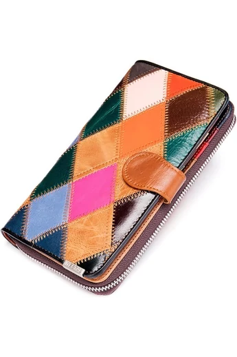 Portofel Colaj Colorat Cu Cusături 3D Bonluo Din Piele Naturală (19*9,5*3,5cm)