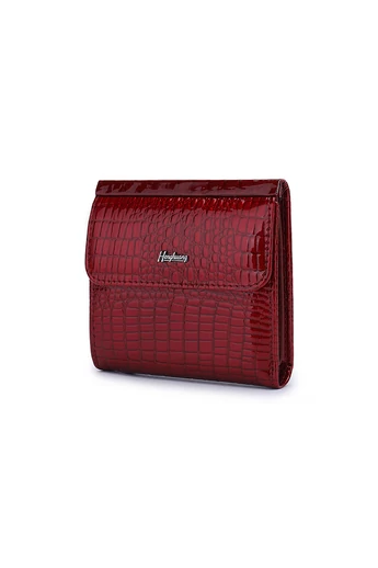 Portofel Damă Bonluo Roșu Lăcuit Din Piele Naturală Cu Model Piele De Crocodil De Dimensiunea 10.5*10*1.5cm
