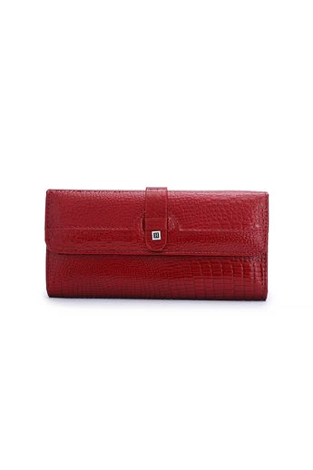 Portofel Damă Bonluo Roșu Lăcuit Din Piele Naturală Cu Model Piele De Crocodil De Dimensiunea 10*19*3cm