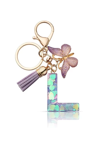 Breloc Elegant Cu Inițiala ''L'' Violet Accesorizat Cu Fluturaș