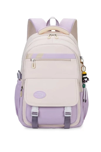 Ghiozdan Școală Pentru Copii Bej Cu Violet Din Poliester Impermeabil, Spațiu Pentru Laptop 46*33*18cm
