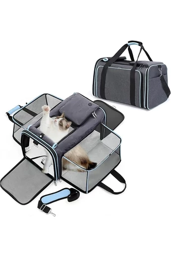 Geantă Extensibilă Pentru Animale De Companie Gri Cu Albastru Material Oxford Cu Ventilație Pliabil 48*30*31