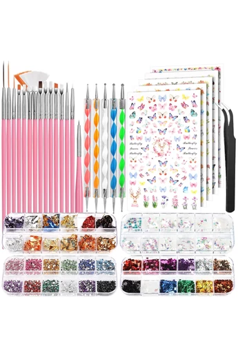 Set Nail Art Complet Pensule, Paiete, Autocolante, Strasuri Și Folii Pentru Manichiură Creativă