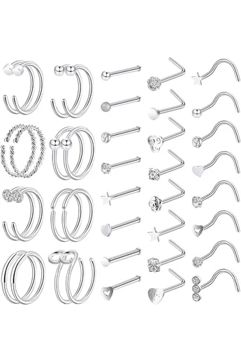 Set 40 Piercing Argintiu Pentru Nas Sau Buze În Formă De C, U Și Inel Din Oțel Inoxidabil 316L Cu Zirconiu