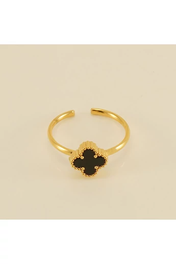 Inel Reglabil Din Oțel Inoxidabil Placat Cu Aur 18K Model Trifoi Elegant Negru