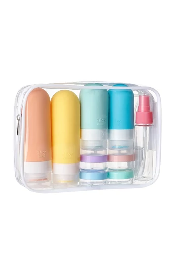 Set Recipiente Cosmetice Pentru Călătorii Din Silicon Alimentar Cu Borsetă Albă/ Transparentă