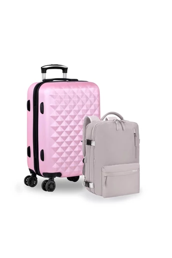 Set Troler De Cabină Ros / Rucsac Violet Pastelat Wizzair, Ryanair Bagaj De Mână 40*30*20cm / 55*35*22cm Cu Roți Detașabile 