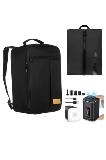 Set Călătorie 3În1 Rucsac Wizzair 40*30*20cm Negru , Sac Depozitare Cu Vacuum Și Pompă De Aer Electrică