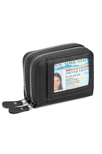 Portofel Damă Slim Din PU Cu Fermoar Dublu Negru Protecție RFID 10*4*8cm