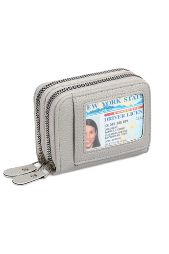 Portofel Damă Slim Din PU Cu Fermoar Dublu Gri Protecție RFID 10*4*8cm