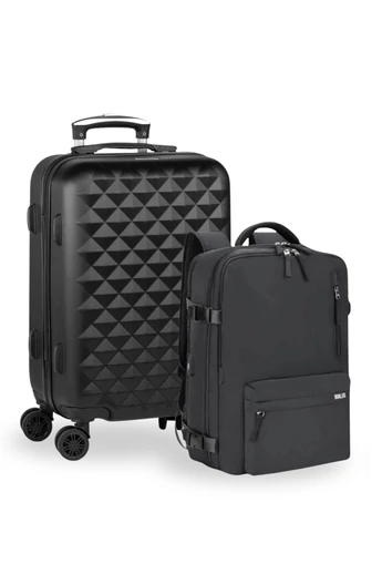 Set Troler De Cabină / Rucsac Wizzair, Ryanair Bagaj De Mână 40*30*20cm / 55*35*22cm Cu Roți Detașabile Negru