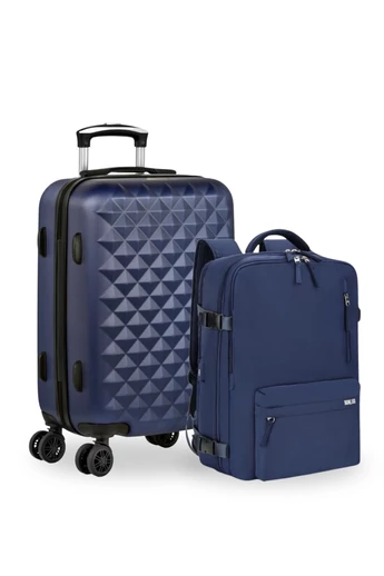 Set Troler De Cabină / Rucsac Wizzair, Ryanair Bagaj De Mână 40*30*20cm / 55*35*22cm Cu Roți Detașabile Albastru Închis