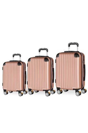 Set Troler Rigid Extensibil Din ABS Cu 4 Roți Duble Blocabile 360° Și Protecții Antișoc Rosegold