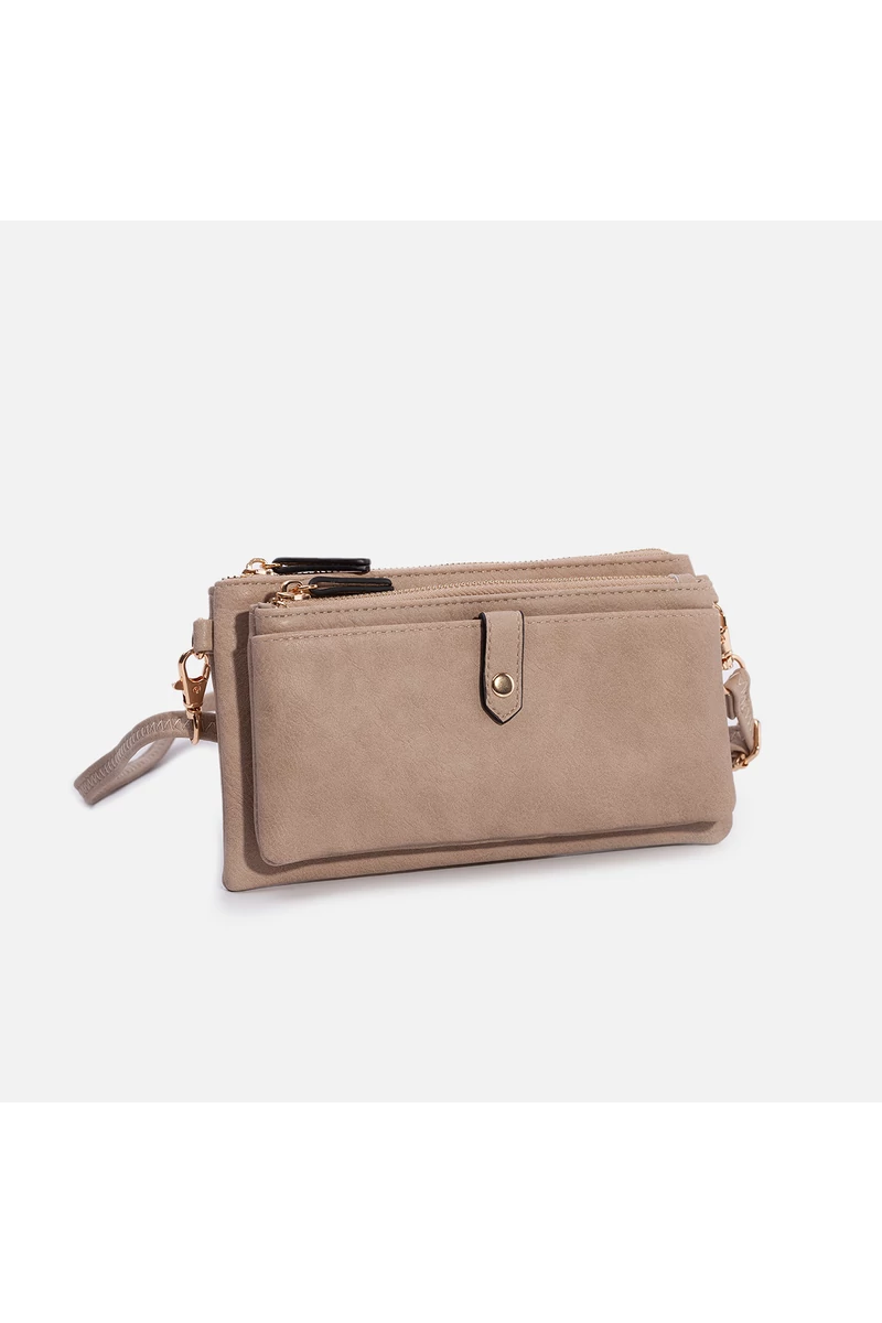 Geantă Crossbody Mini Maro Deschis Cu Dublu Compartiment Din Imitație Piele