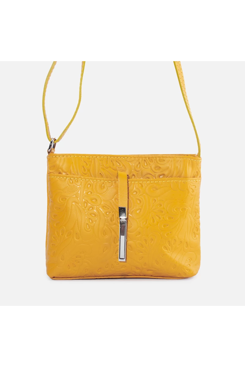 Geantă Crossbody Piele Naturală Galbenă cu Model Imprimat