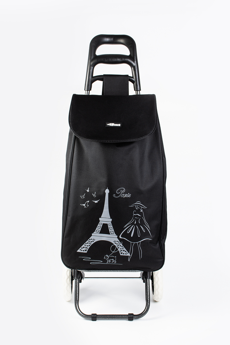 Cărucior Cumpărături Negru cu Model Turnul Eiffel și Roți Mari