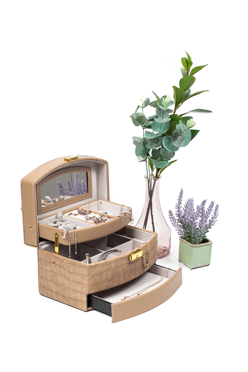 Venti Cutie Pentru Bijuterii Bej Model Piele De Crocodil