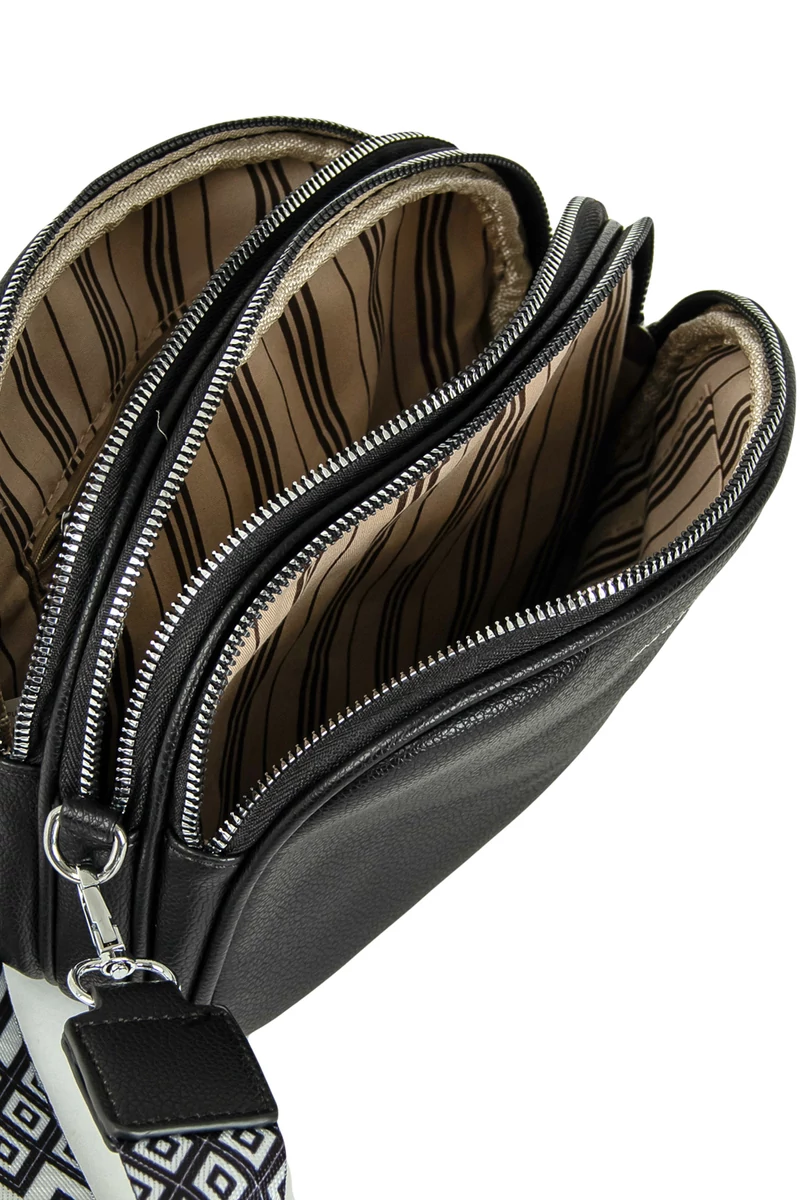 Geantă Crossbody Neagră Din Imitație Piele Cu 3 Compartimente