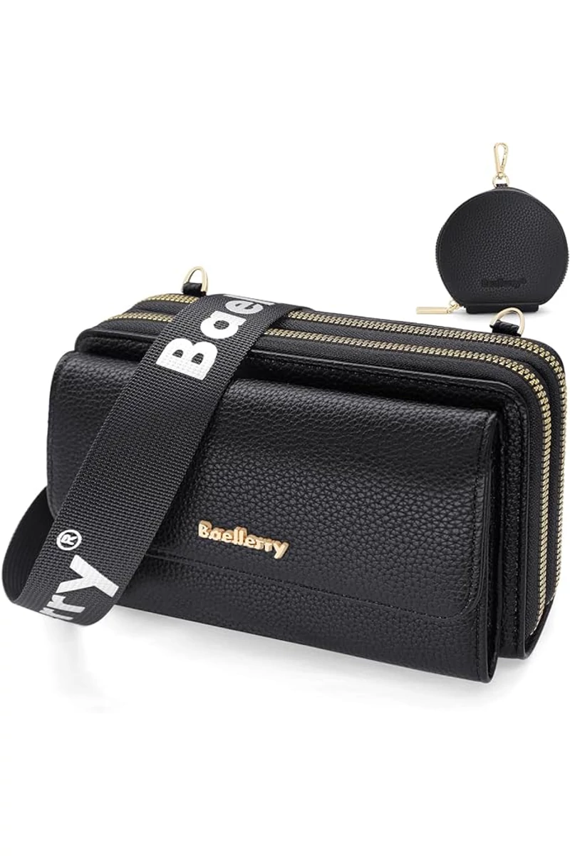 Geantă Crossbody 2în1 Portofel Bonluo Negru Din Imitație De Piele